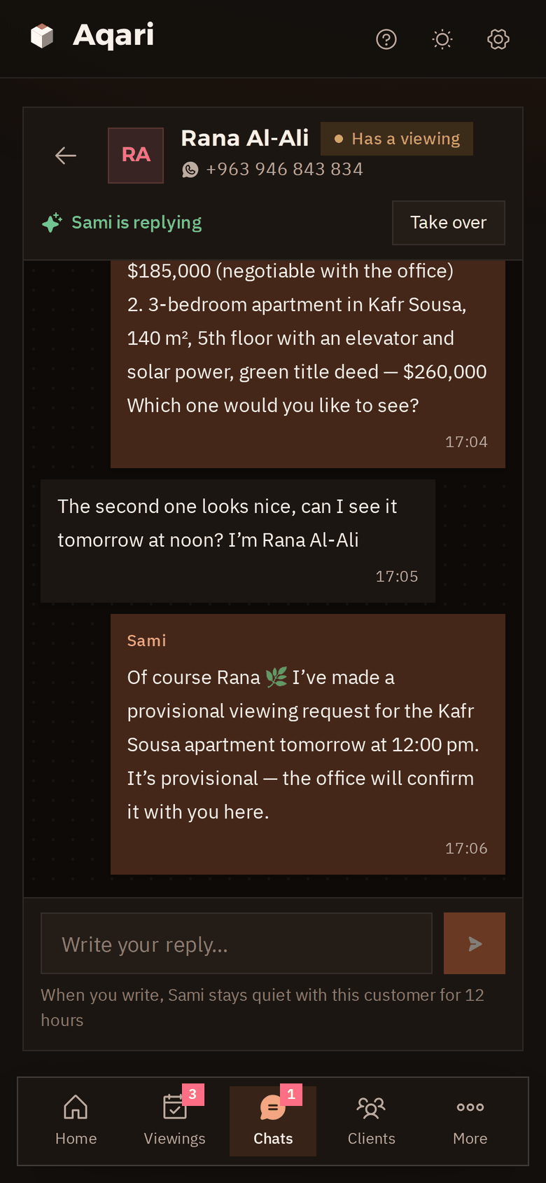 Sami's chat with the client on a phone, in dark mode