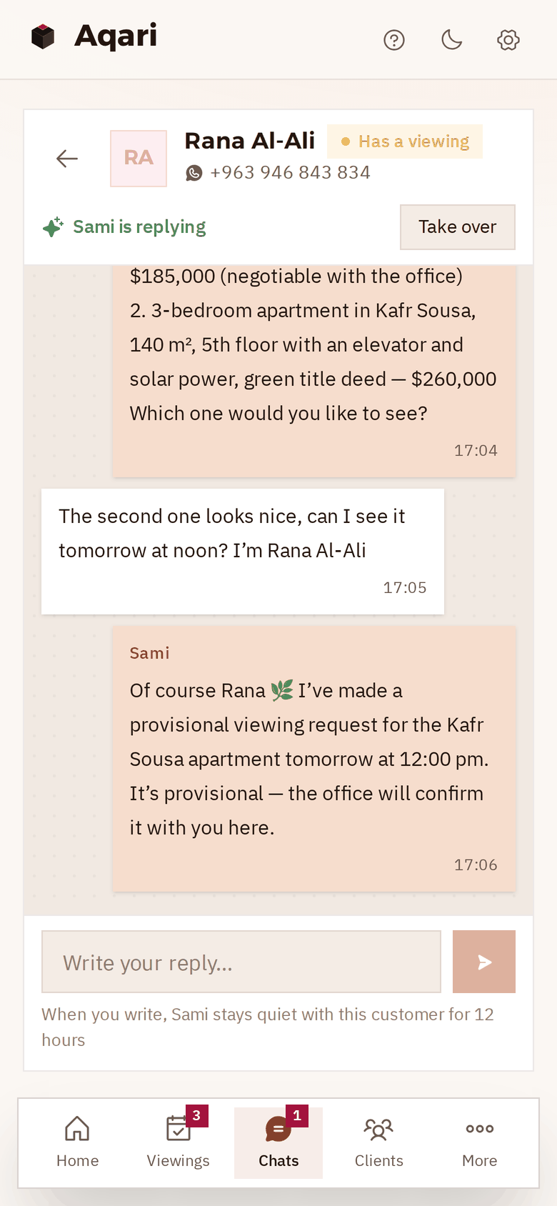 A chat on a phone: a client looking to buy in Mashrou Dummar or Kafr Sousa, and Sami offering two options and a provisional viewing request