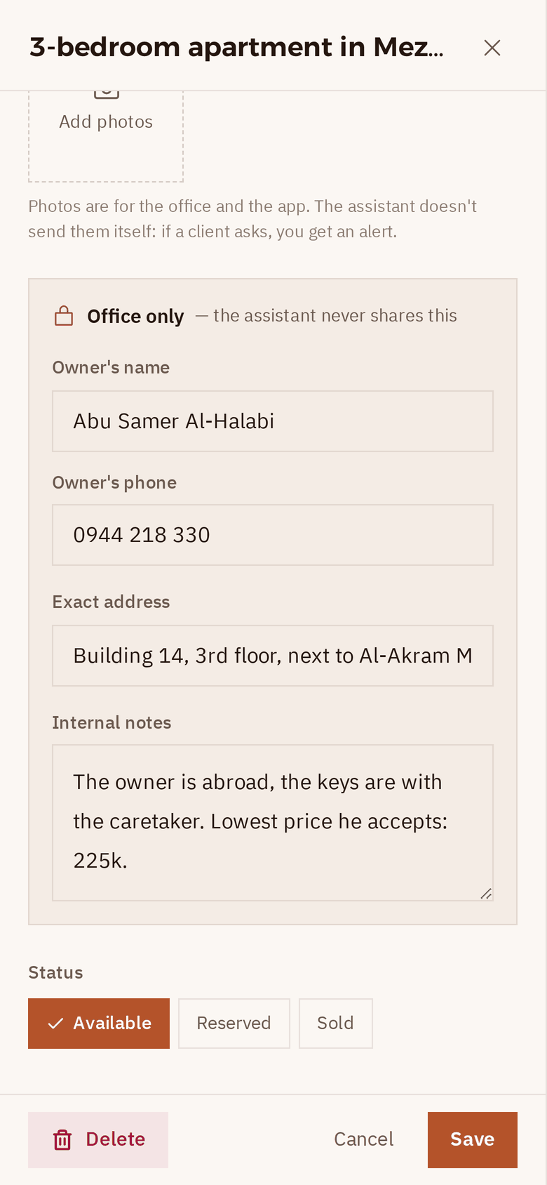 A property open on a phone, with the “Office only” section: the owner's name and number, the exact address and internal notes