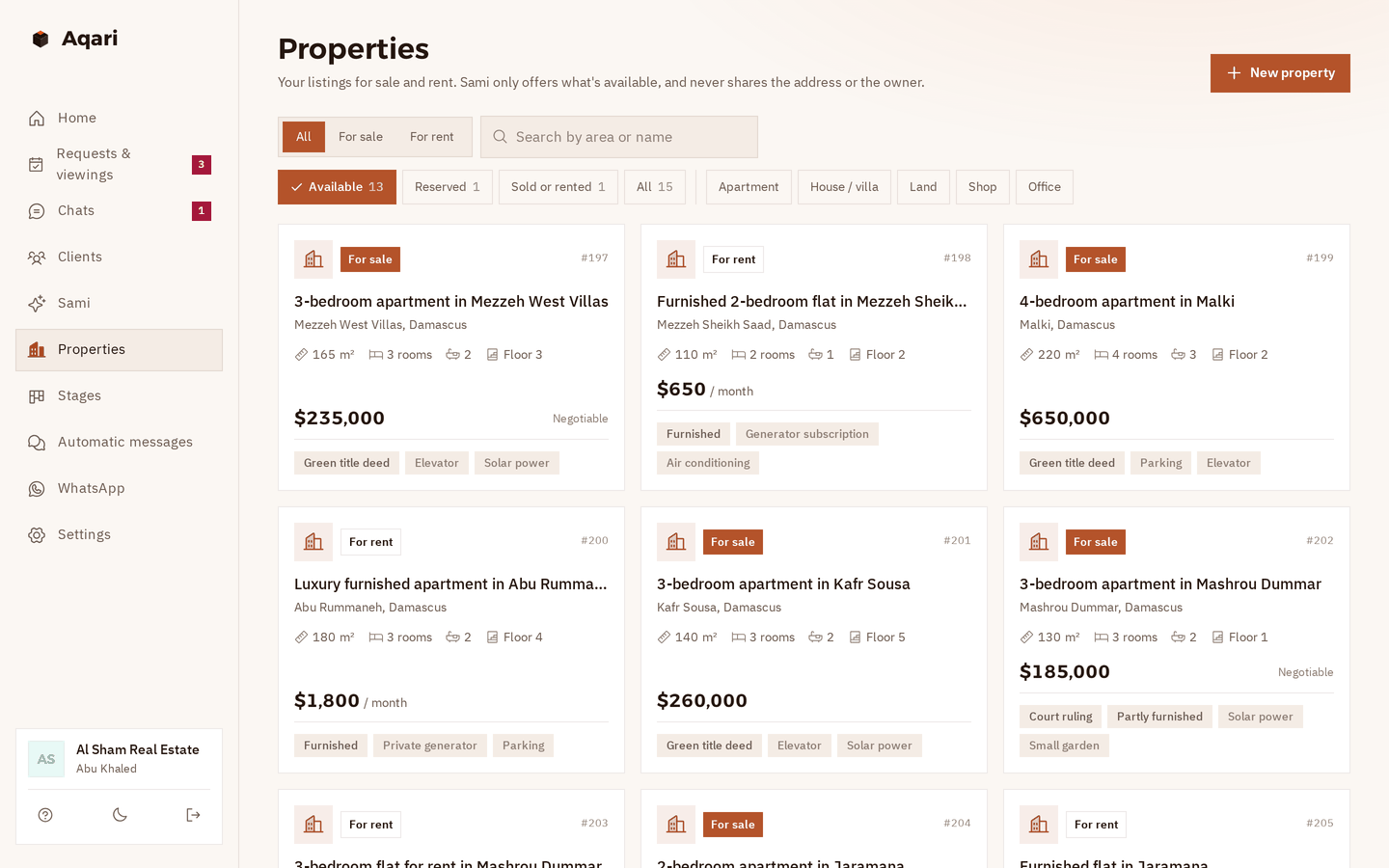 The properties page: each property on a card with sale or rent, area, size, rooms, bathrooms and floor, the price, the ownership and features