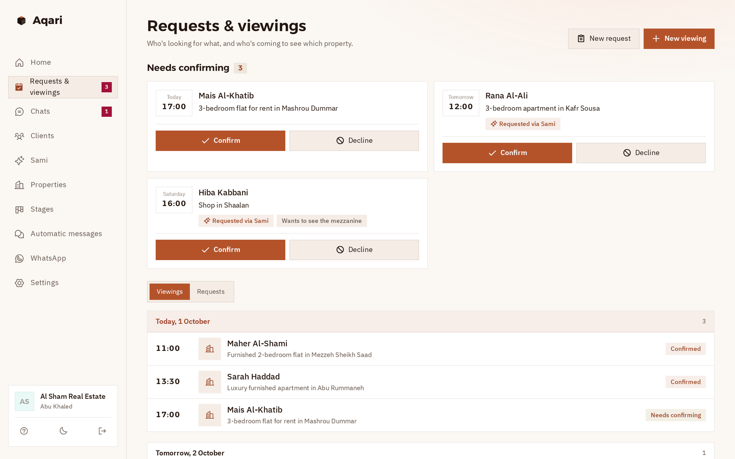 Aqari's requests and viewings page: three viewings under “Needs confirming” with Confirm and Decline, and today's viewings below with the time, the client and the property